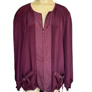 St. John Silk Jacket Women's Medium Burgundy Long Sleeve Front Pockets Full Zip